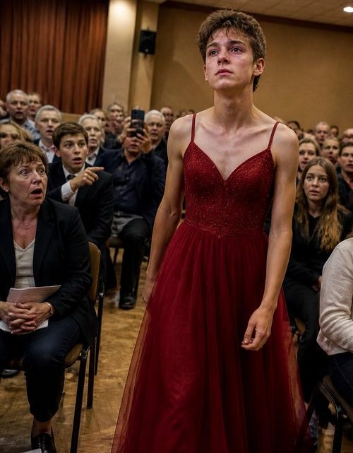 Mein Sohn erschien zur Abschlussfeier in einem roten Kleid — doch als alle erfuhren, warum er es wirklich trug, wurde es im ganzen Saal so still, dass man jeden Atemzug hörte