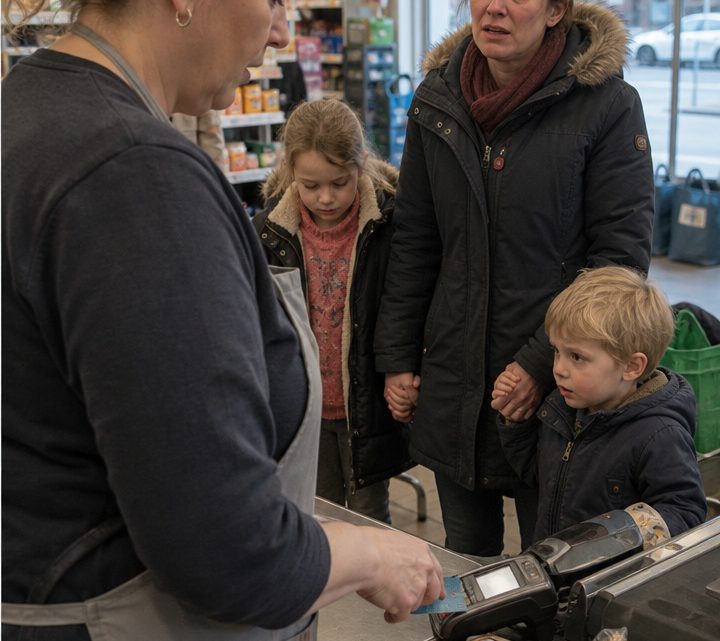 An der Kasse bezahlte ich einer erschöpften Mutter mit zwei kleinen Kindern Äpfel und Müsli – drei Tage später stand ein Polizist in meinem Laden und verlangte, dass ich mit ihm komme