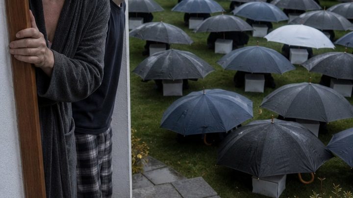 Mein zwölfjähriger Sohn gab im strömenden Regen einer schwangeren Fremden den letzten Schirm seines verstorbenen Vaters – drei Morgen später standen 47 geöffnete Regenschirme mit nummerierten Kisten auf unserem Rasen