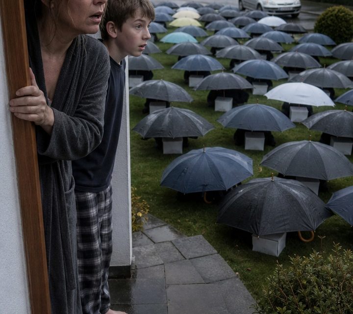 Mein zwölfjähriger Sohn gab im strömenden Regen einer schwangeren Fremden den letzten Schirm seines verstorbenen Vaters – drei Morgen später standen 47 geöffnete Regenschirme mit nummerierten Kisten auf unserem Rasen